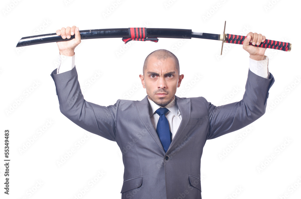 Businessman with sword isolated on white Businessman with sword isolated on white