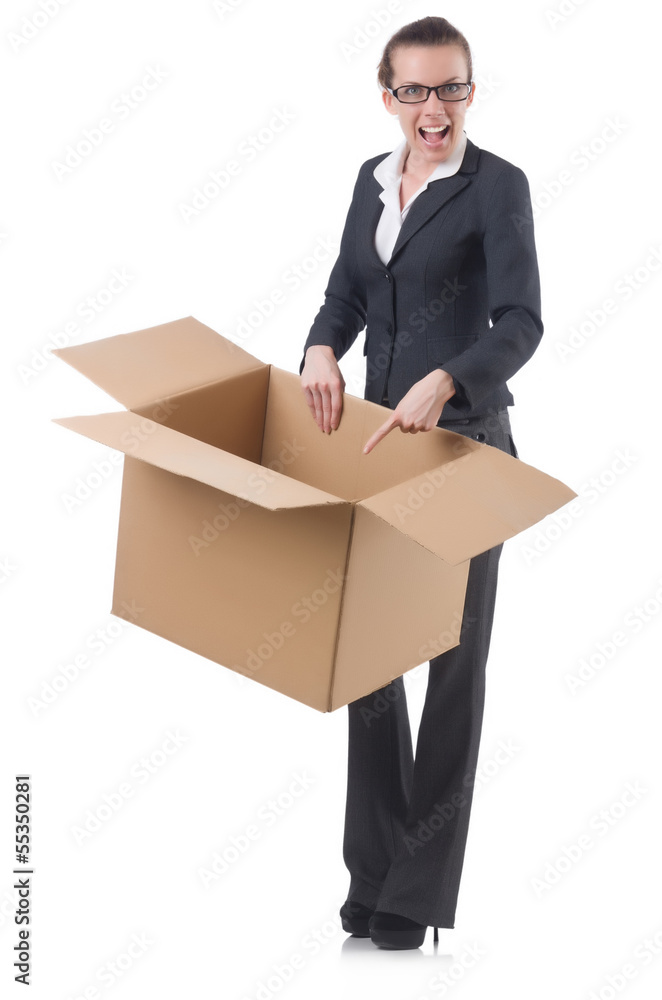 Woman businesswoman with boxes on white Woman businesswoman with boxes on white