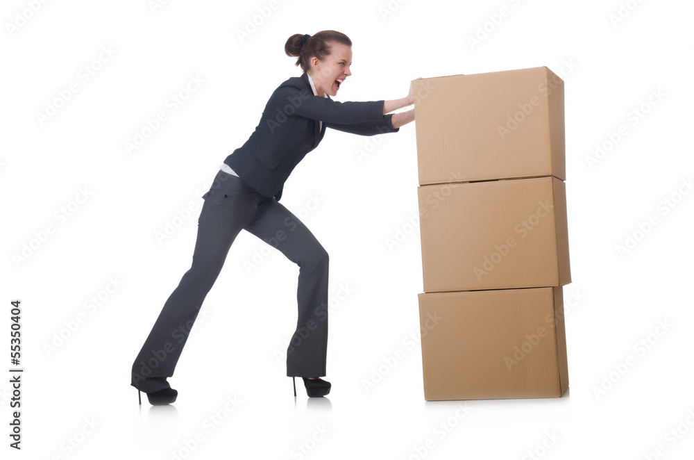 Woman businesswoman with boxes on white Woman businesswoman with boxes on white
