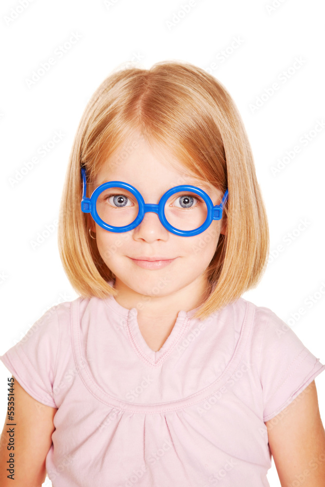 Smart little blue-eyed girl with glasses.