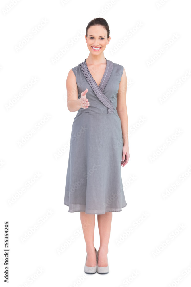 Cheerful elegant brunette in classy dress posing Cheerful elegant brunette in classy dress posing