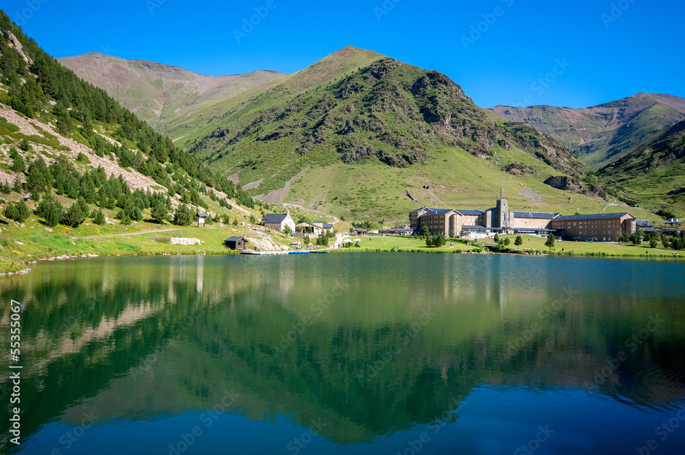 Fototapeta premium View of Vall de Nuria Sanctuary in the catalan pyrenees.Spain