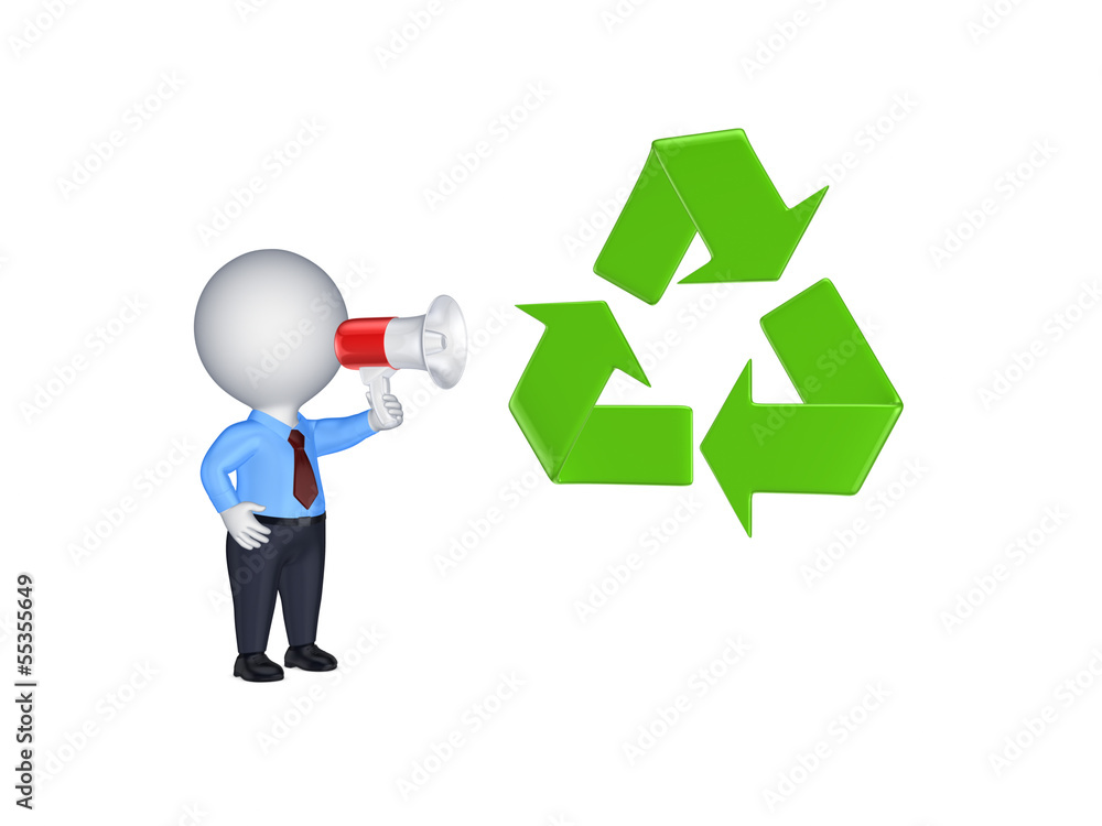 3d person with megaphone and recycle symbol. 3d person with megaphone and recycle symbol.