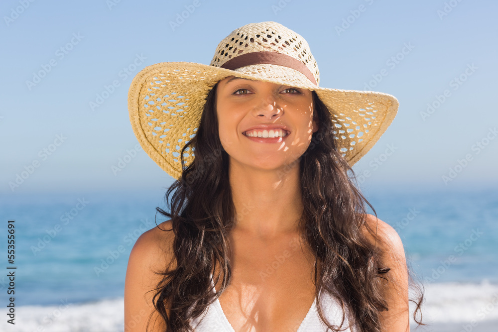 Smiling attractive dark haired woman wearing straw hat posing