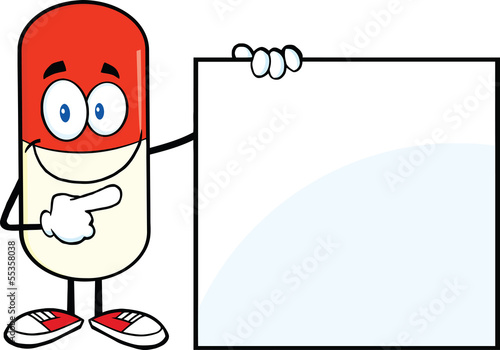 Pill Capsule Cartoon Mascot Character Showing A Blank Sign