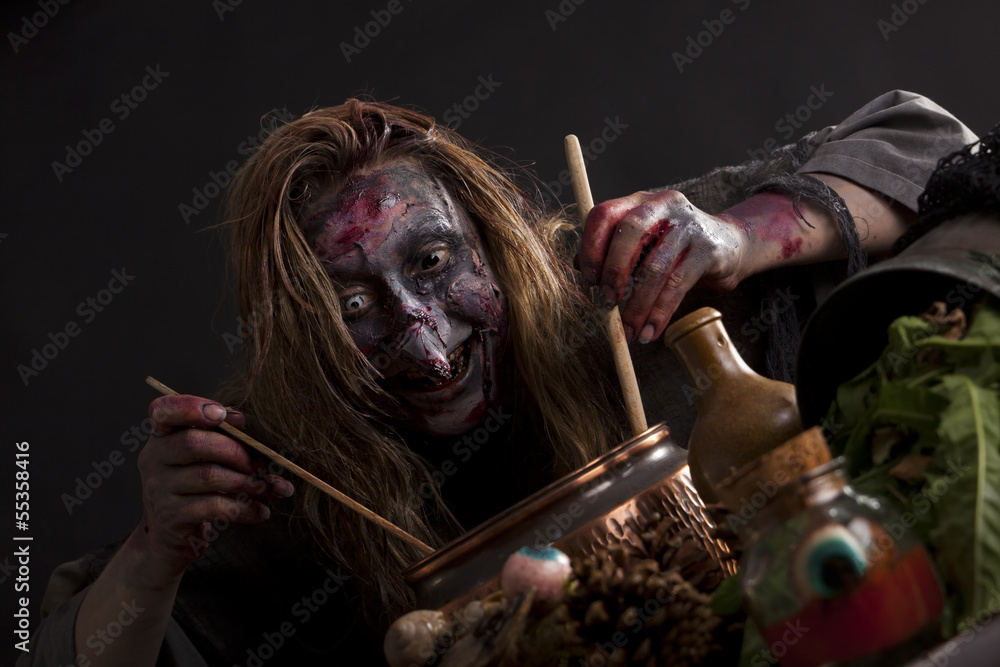 Obraz premium Hexe in Hexenküche am kochen