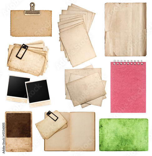 set of various old paper sheets and photo frames