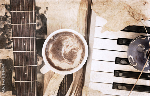 Cup of coffee and musical instruments, autumn season, artwork  in vintage style