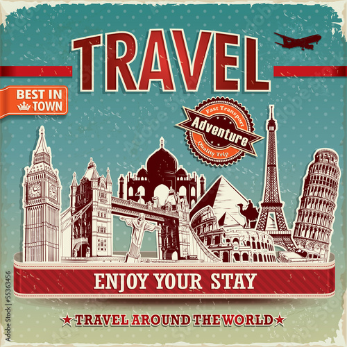 Vintage travel poster with labels and famous building
