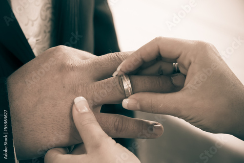 Wedding rings. Closeup of hands of bridal couple with wedding ri