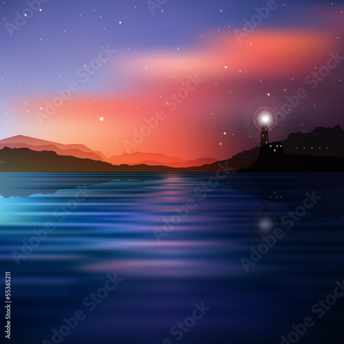 Tablou canvas abstract sea background with lighthouse and mountains