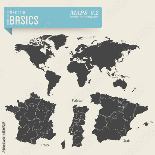 worldmap and detailed maps of France, Portugal and Spain