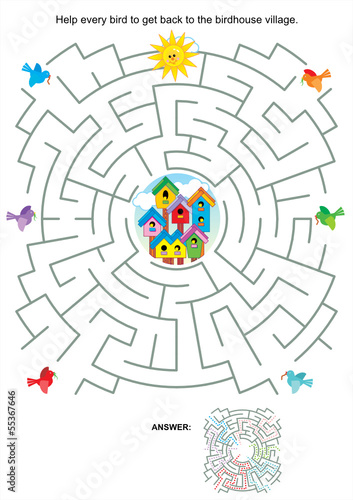 Maze game for kids - birds and birdhouses
