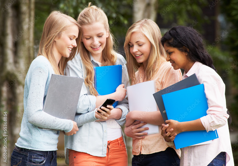 Group Of Female Teenage Students With Mobile Phone Outdoors Group Of Female Teenage Students With Mobile Phone Outdoors