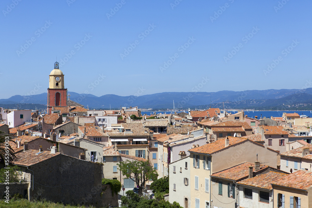 A blue sky view of St Tropez in the south of France.