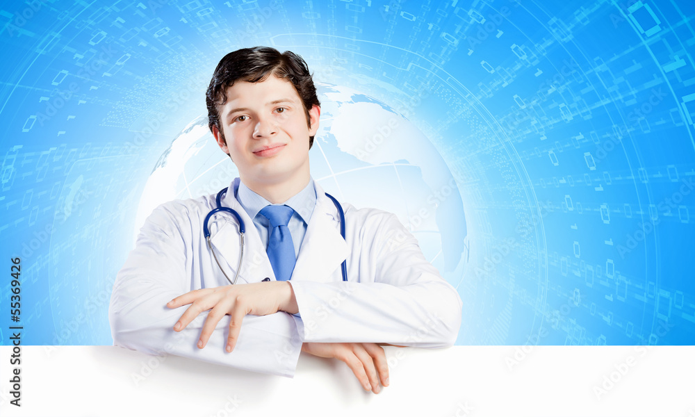 Doctor with blank banner Doctor with blank banner