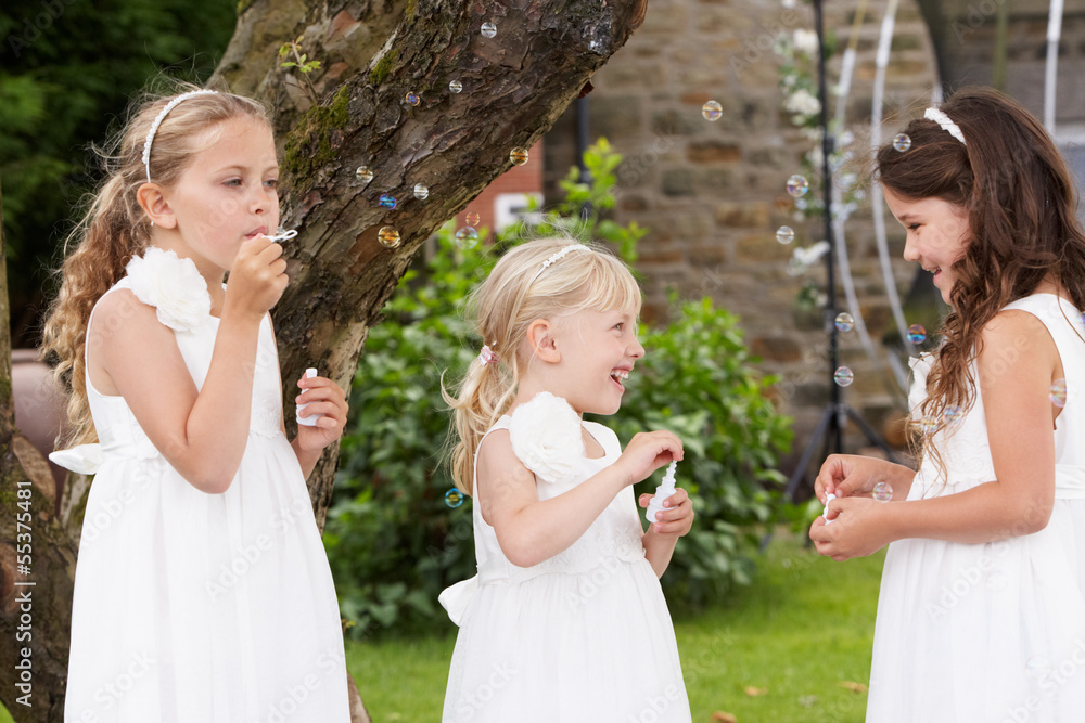 Obraz premium Group Of Bridesmaids Blowing Bubbles In Garden