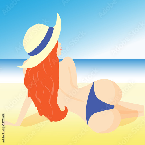 Illustration of a girl lying on the beach in shorts and hat