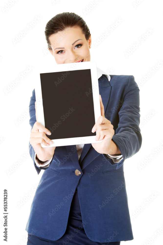 Business woman showing tablet PC with touch pad. Business woman showing tablet PC with touch pad.