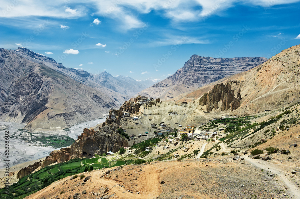 India Himalayas mountains with dhankar monastery