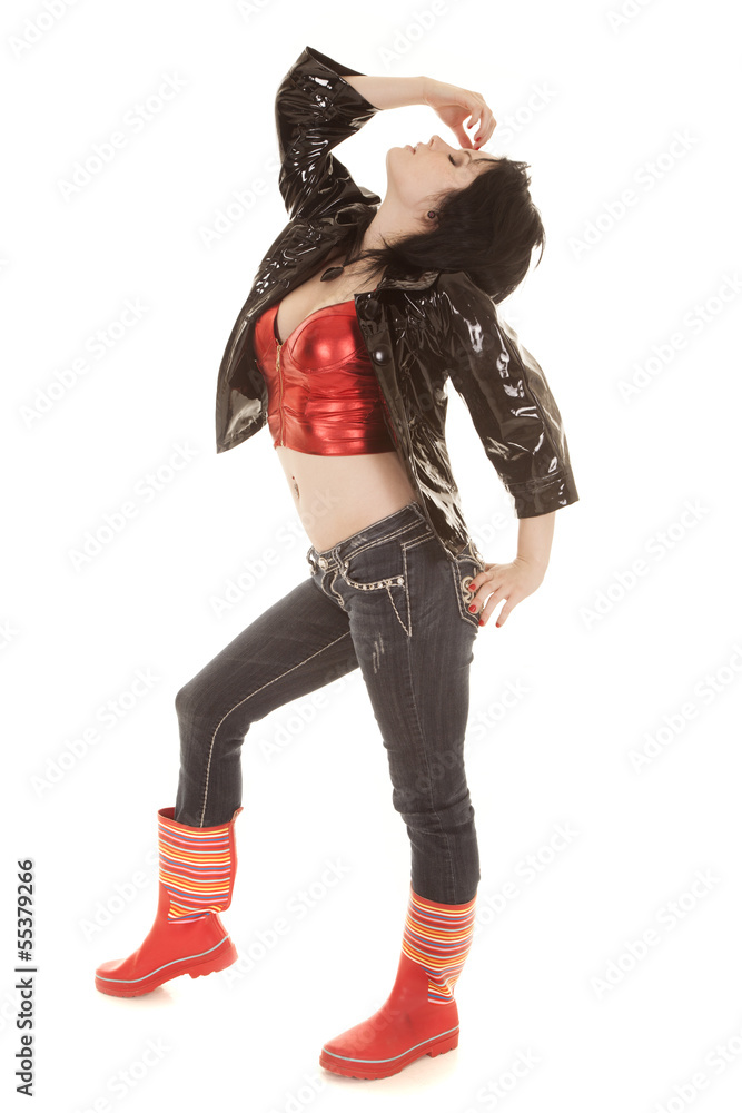 Woman red shiny top full body head back Woman red shiny top full body head back