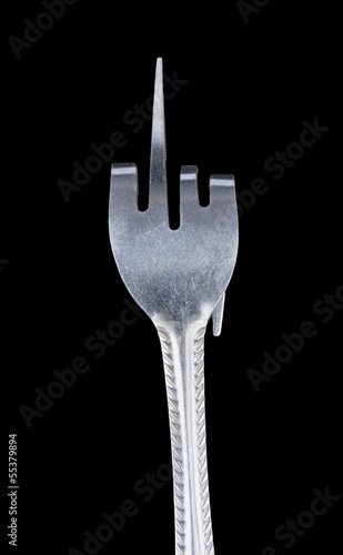Bent metal fork, one finger sign.