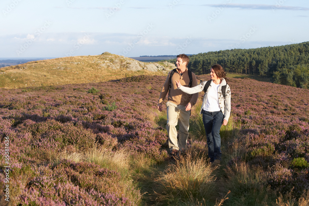 Couple Hiking Across Moorland Covered With Heather Couple Hiking Across Moorland Covered With Heather