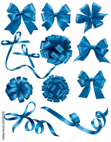 Big set of blue gift bows with ribbons. Vector illustration.