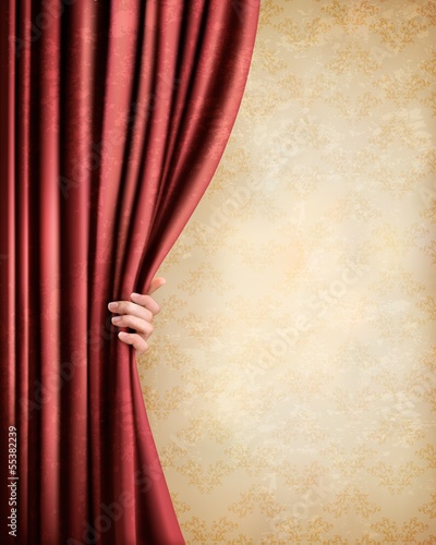Vintage background with red old curtain and hand. Vector illustr