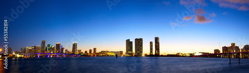 Downtown Miami skyline panorama and Biscayne Bay at dusk