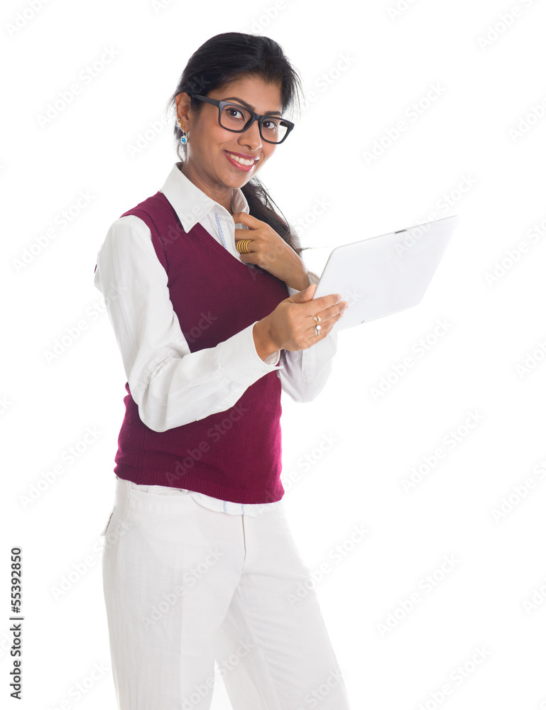 modern indian businesswoman using tablet computer over white bac modern indian businesswoman using tablet computer over white bac