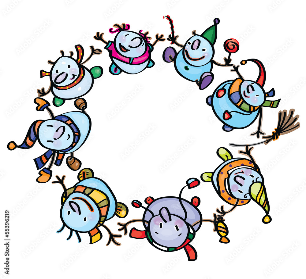Vector of funny snowmen dancing in circle. Vector of funny snowmen dancing in circle.