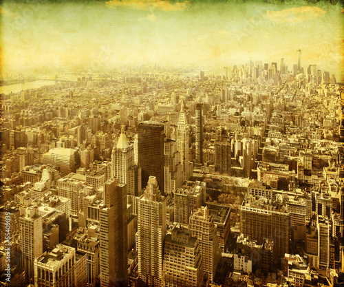 New York City Manhattan aerial view. Grunge and retro style.