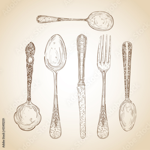 Vintage cutlery hand drawn set