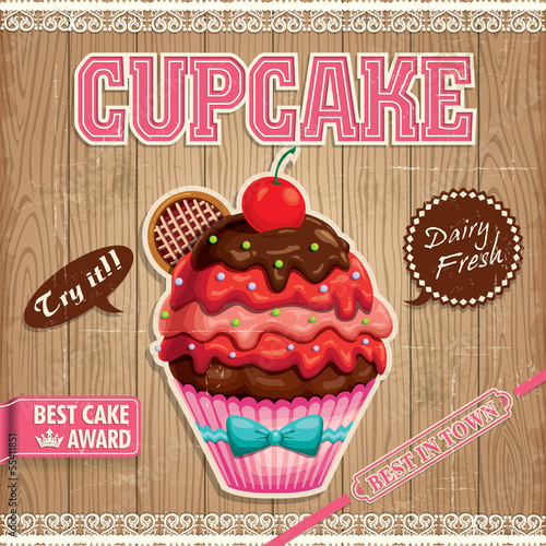 Vintage cupcake poster design with wood background