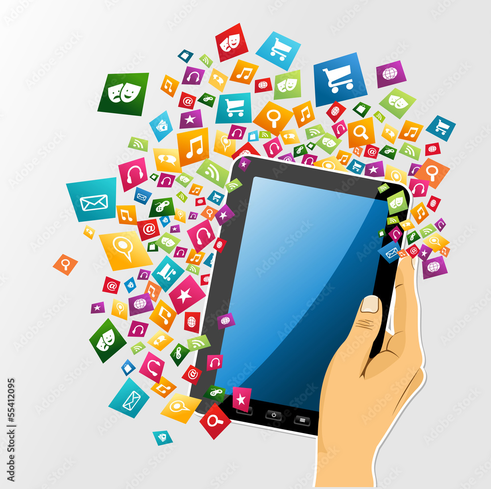 Human hand digital tablet pc app icons. Human hand digital tablet pc app icons.