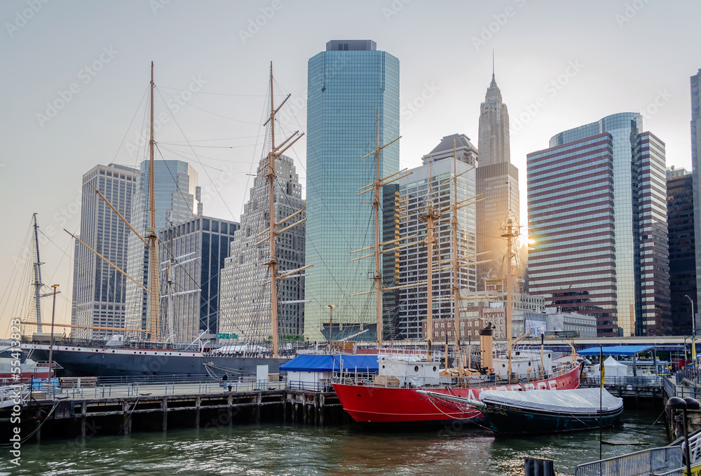 South Street Seaport and Downtown Manhattan Skyline