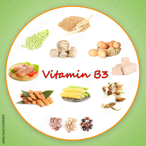 Collage of food containing vitamin B3