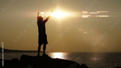 Success Pose Man Ocean Sun Flare Mountain Sea