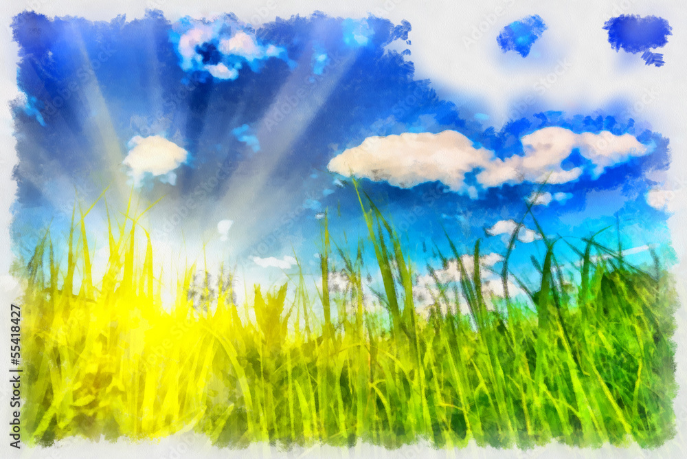 Sunny rural landscape with styled frame Sunny rural landscape with styled frame