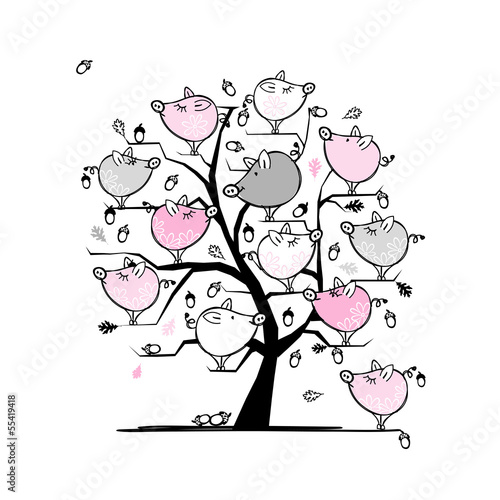 Funny pigs family on tree for your design