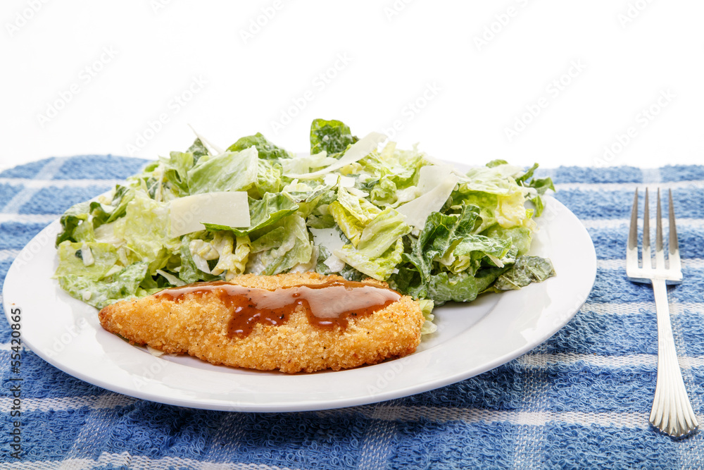 Fried Chicken Breast and Caesar Salad