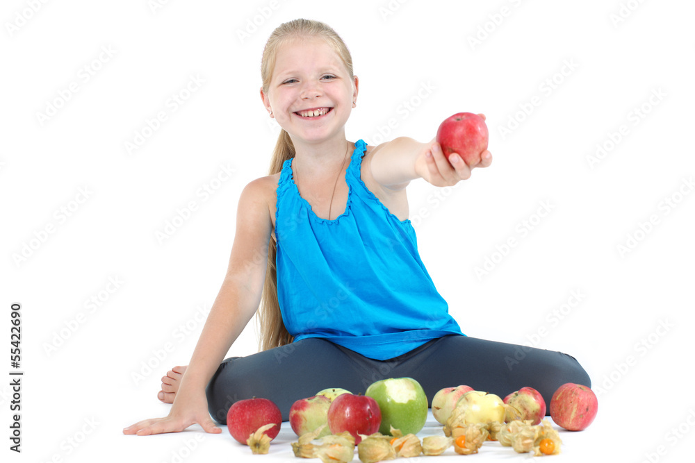 adorable little girl with apple and gooseberry (physalis) adorable little girl with apple and gooseberry (physalis)