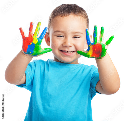 cheerful child with painted hands on white background