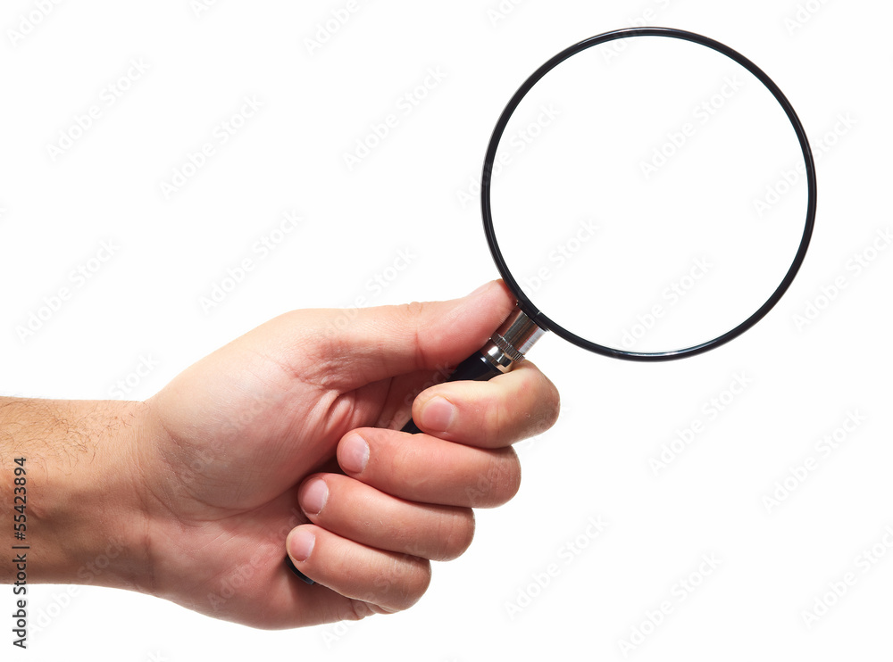 Hand with magnifying glass loupe. Hand with magnifying glass loupe.