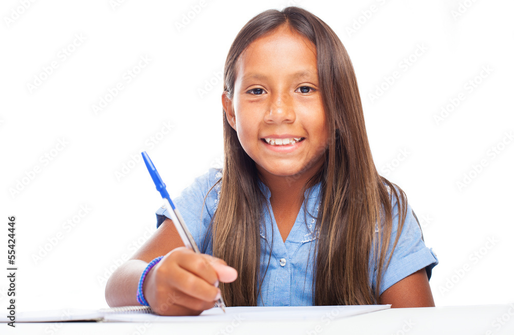 girl smiling doing homeworks on a white background girl smiling doing homeworks on a white background
