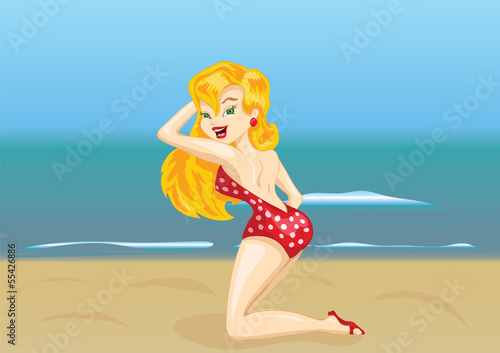 beautiful girl in red bathing suit sunbathing on sea beach