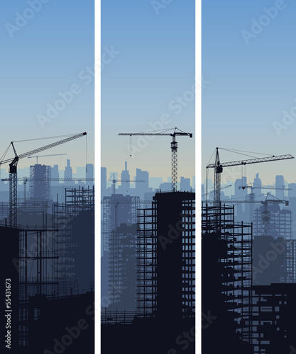 Vertical banner of construction site with cranes and building.