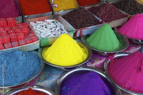 Colorful piles of Indian bindi powder at outdoor market