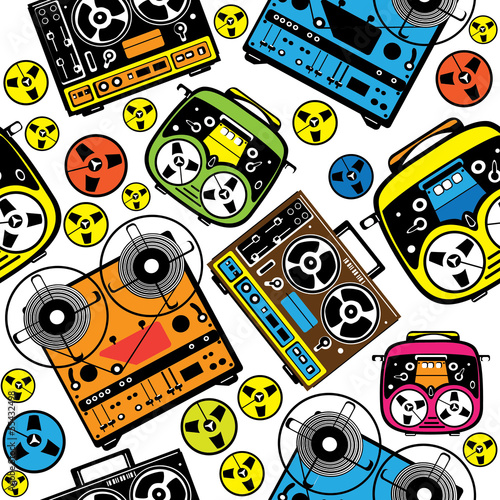 seamless pattern colored reel tape recorder